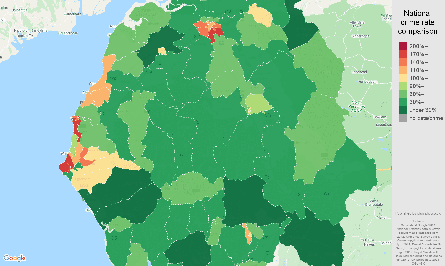 Cumbria violent crime rate comparison map