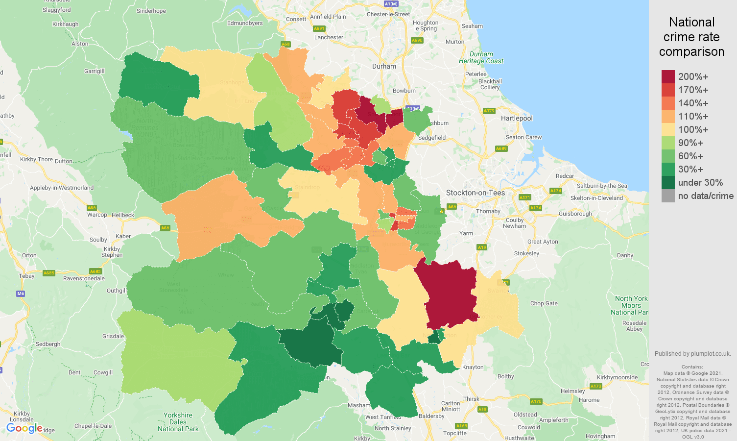 Darlington burglary crime rate comparison map