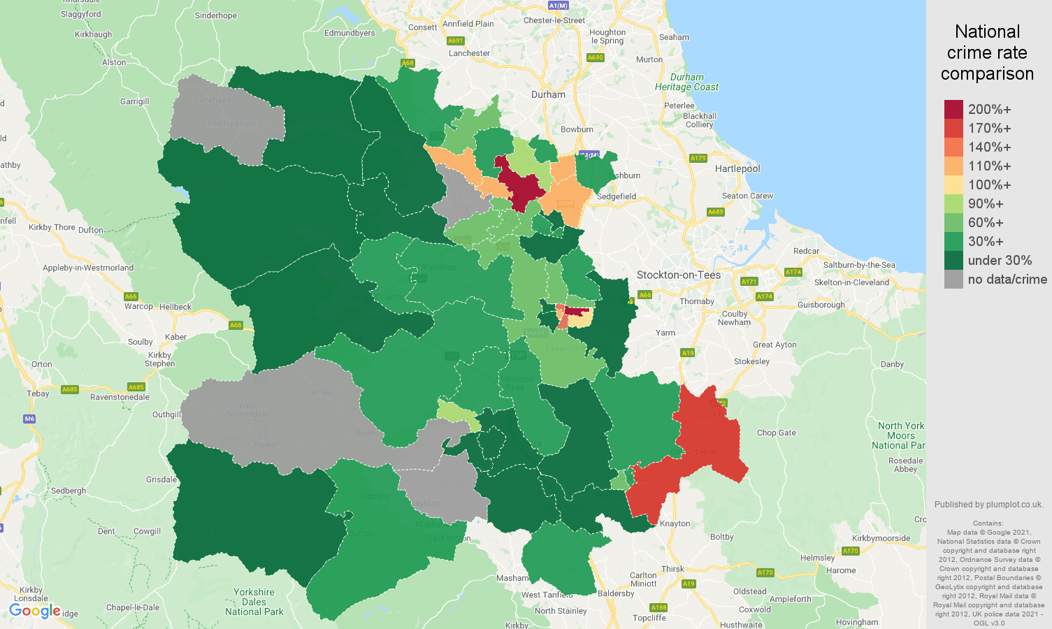 Darlington drugs crime rate comparison map