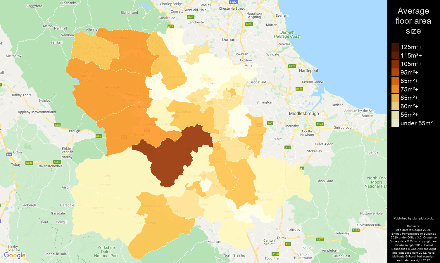 Darlington map of average floor area size of flats