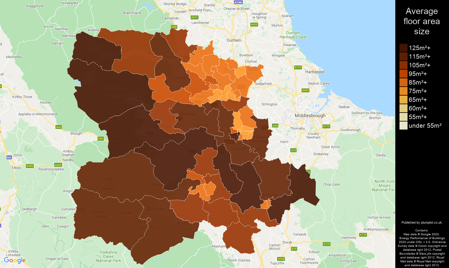 Darlington map of average floor area size of houses