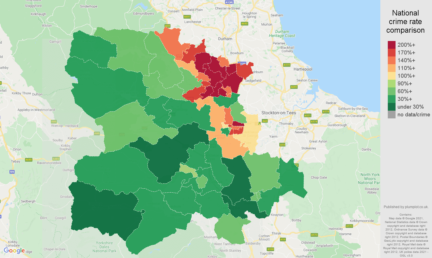 Darlington violent crime rate comparison map