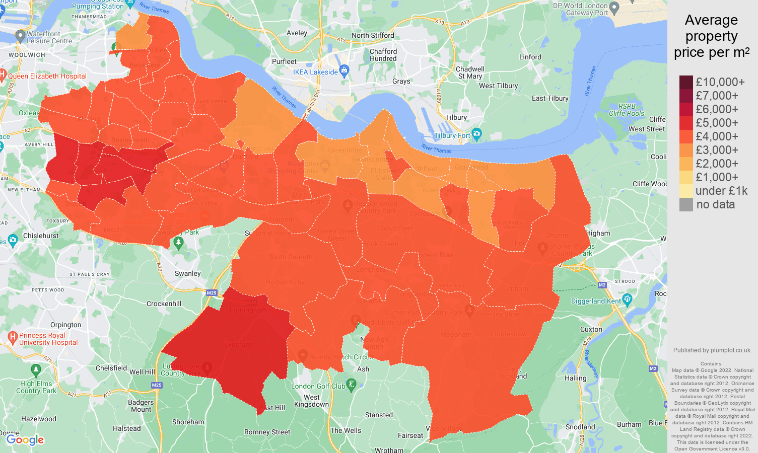 Dartford house prices per square metre map
