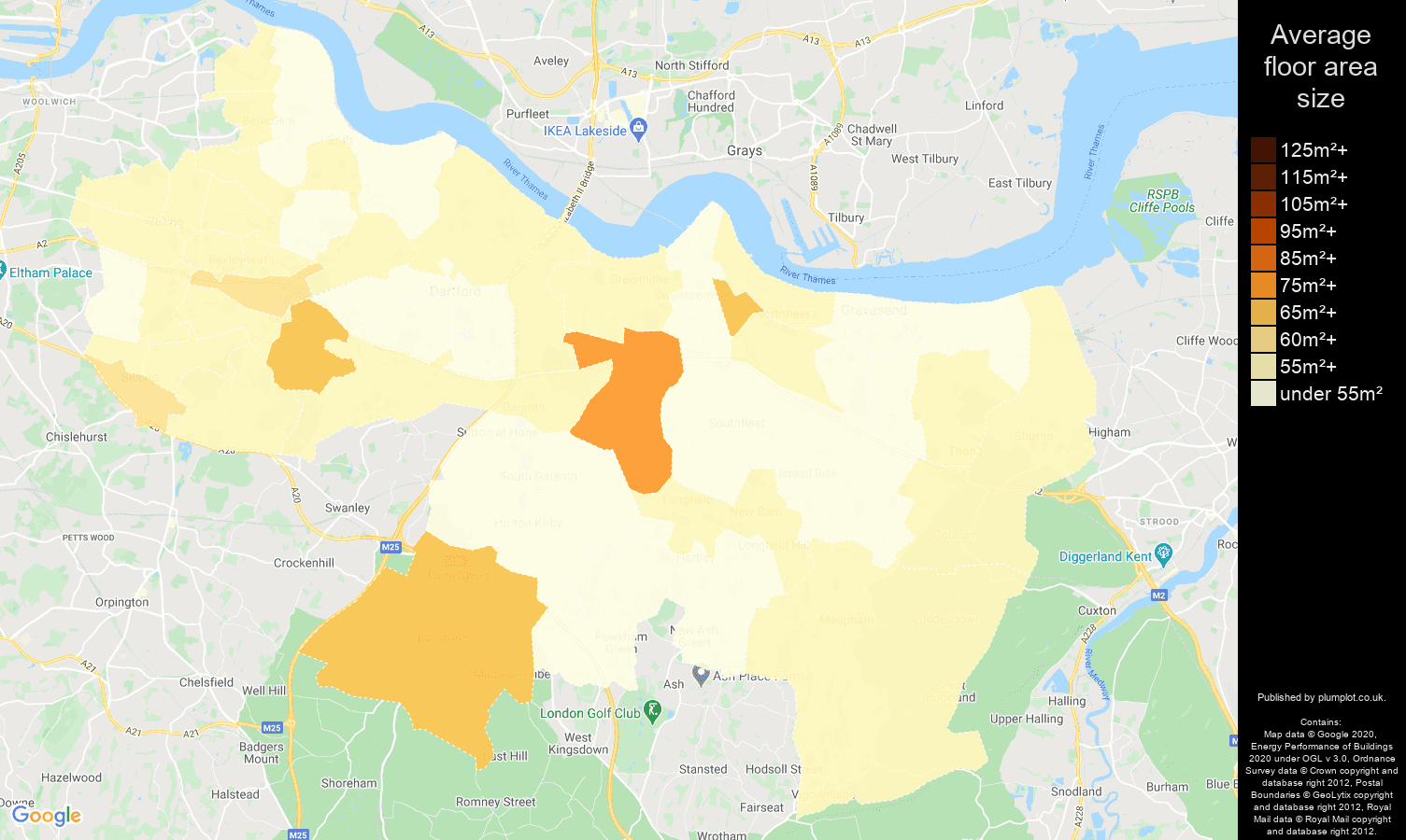 Dartford map of average floor area size of flats