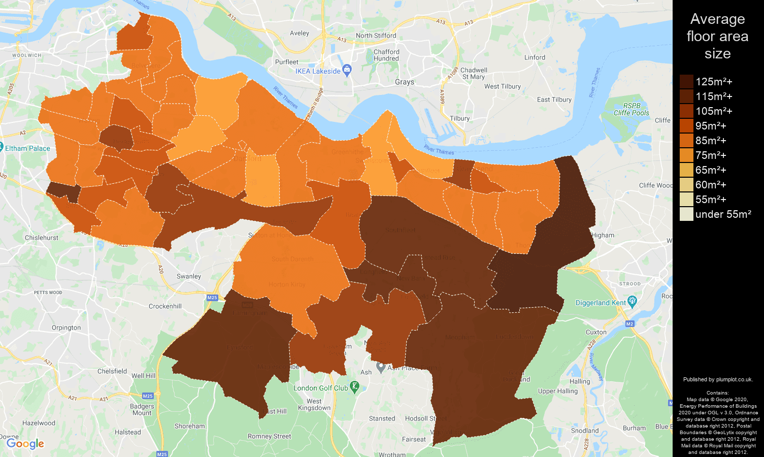 Dartford map of average floor area size of houses