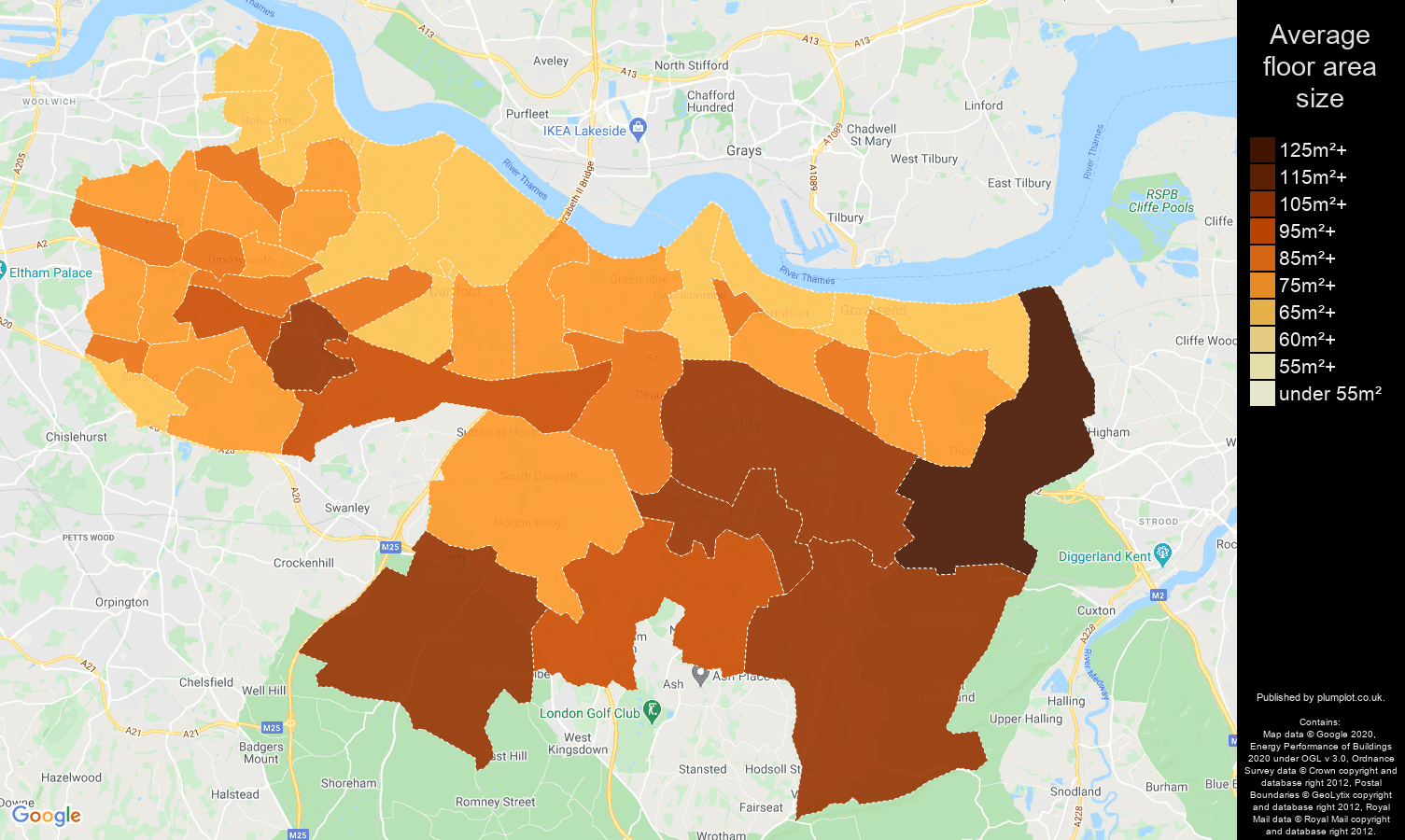 Dartford map of average floor area size of properties
