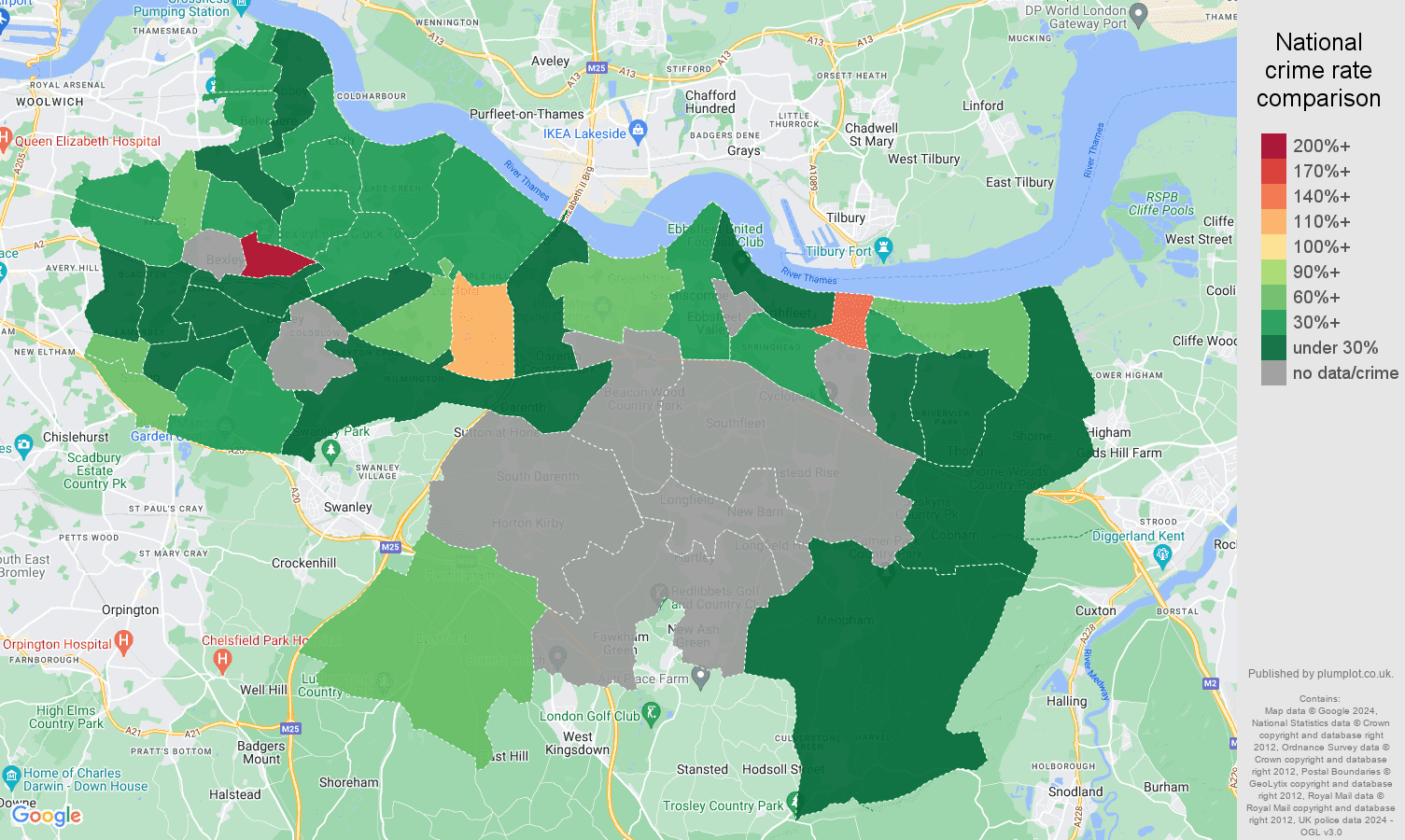 Dartford theft from the person crime rate comparison map
