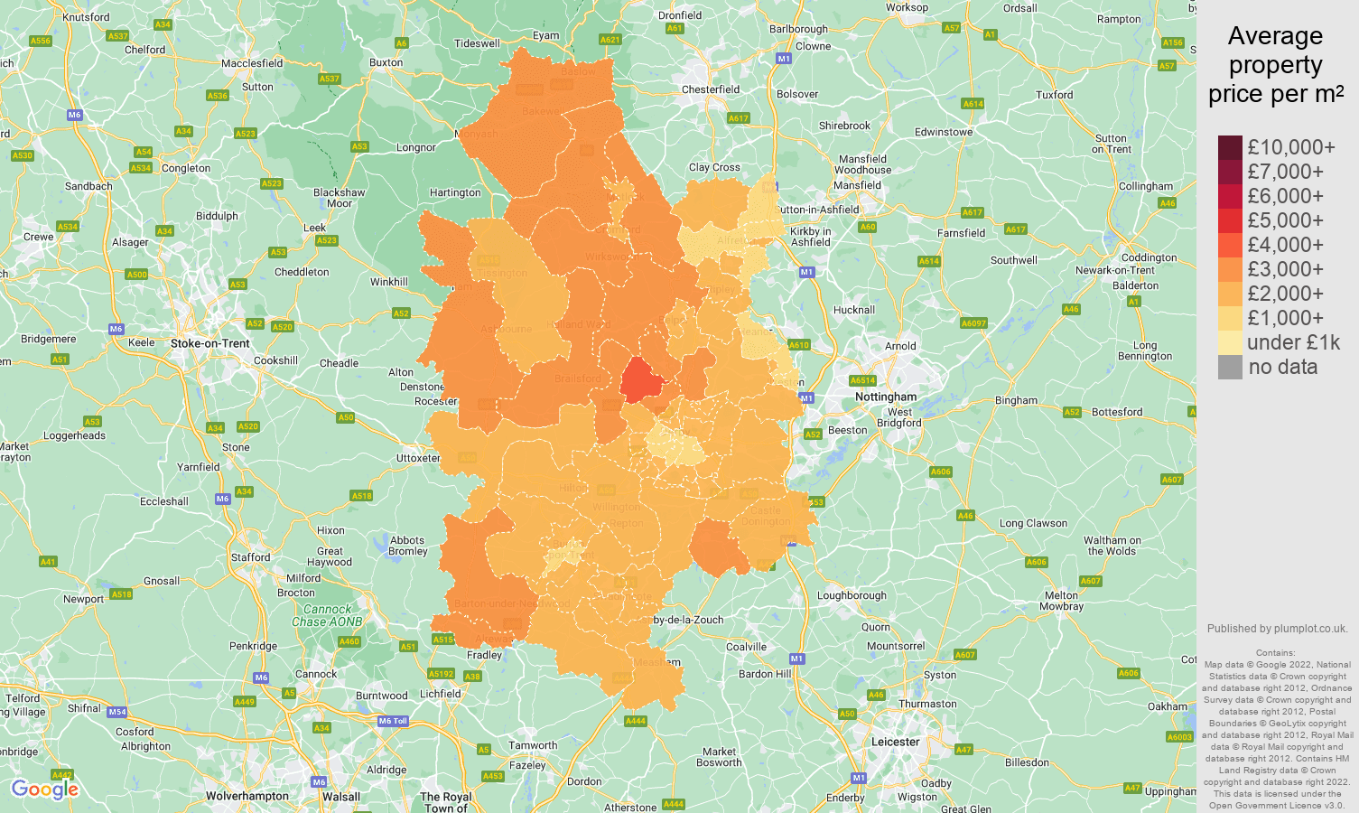 Derby house prices per square metre map