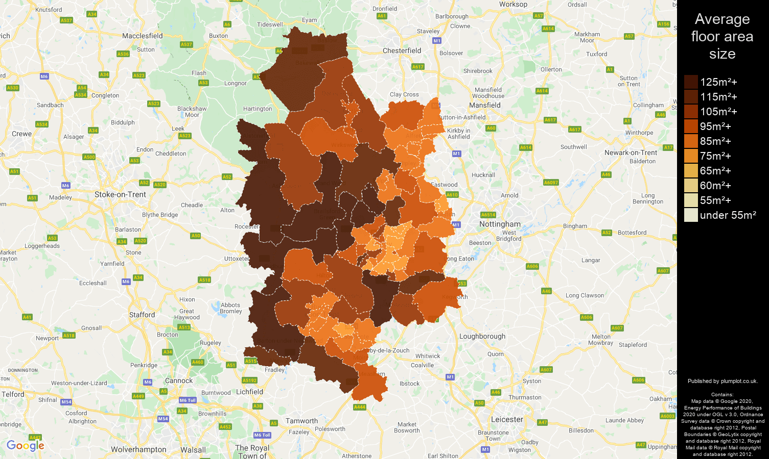 Derby map of average floor area size of houses