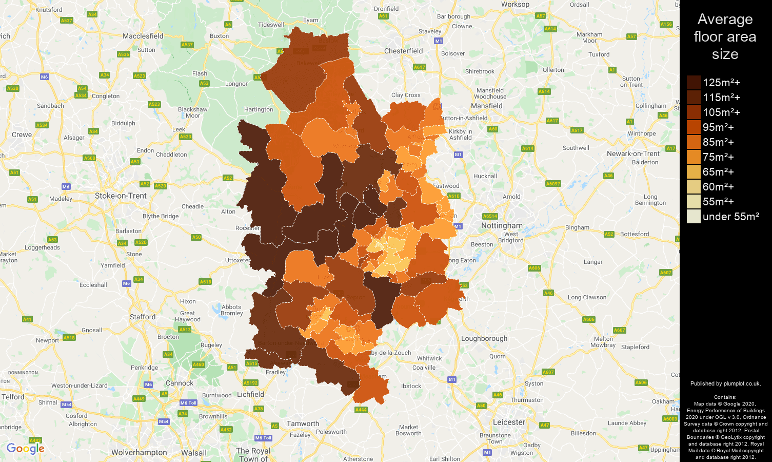 Derby map of average floor area size of properties