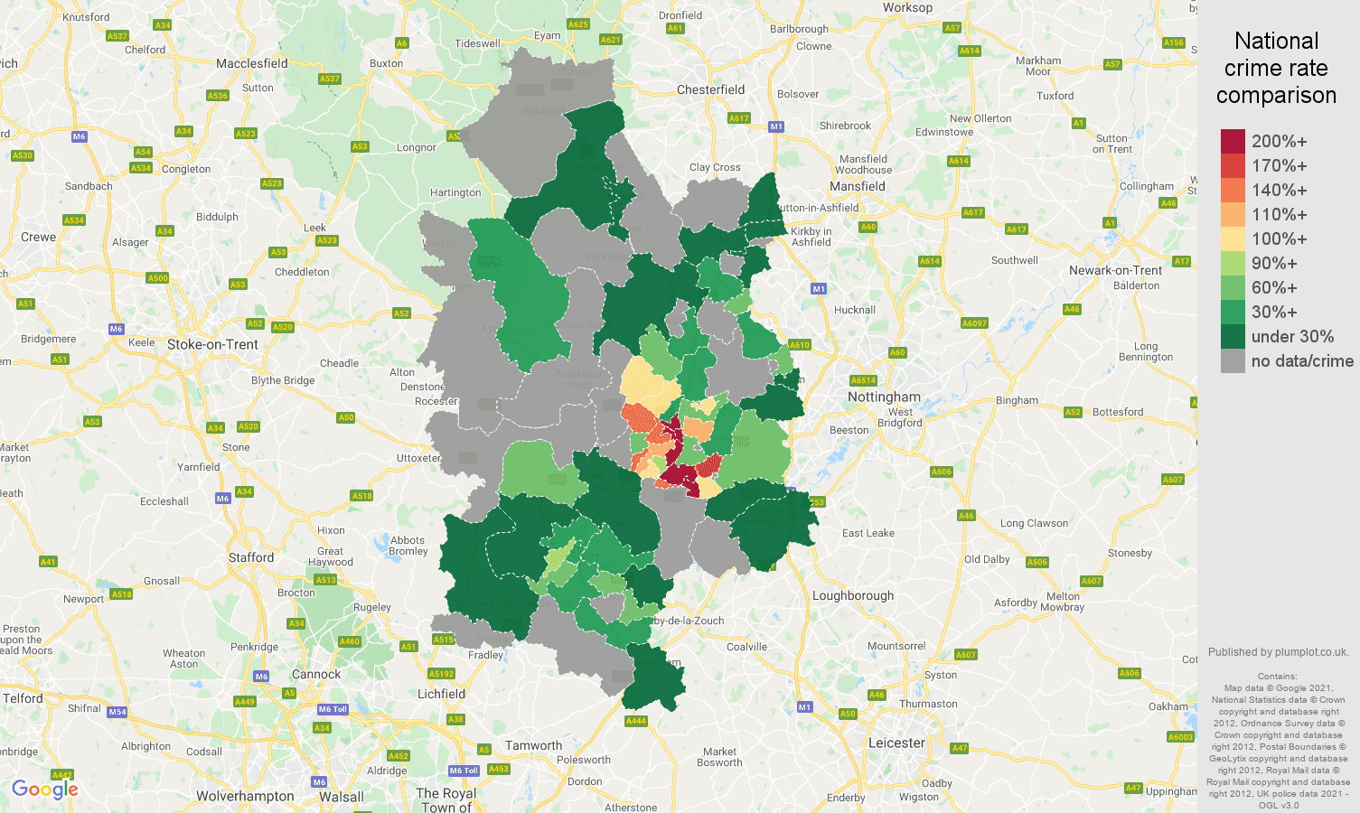 Derby robbery crime rate comparison map