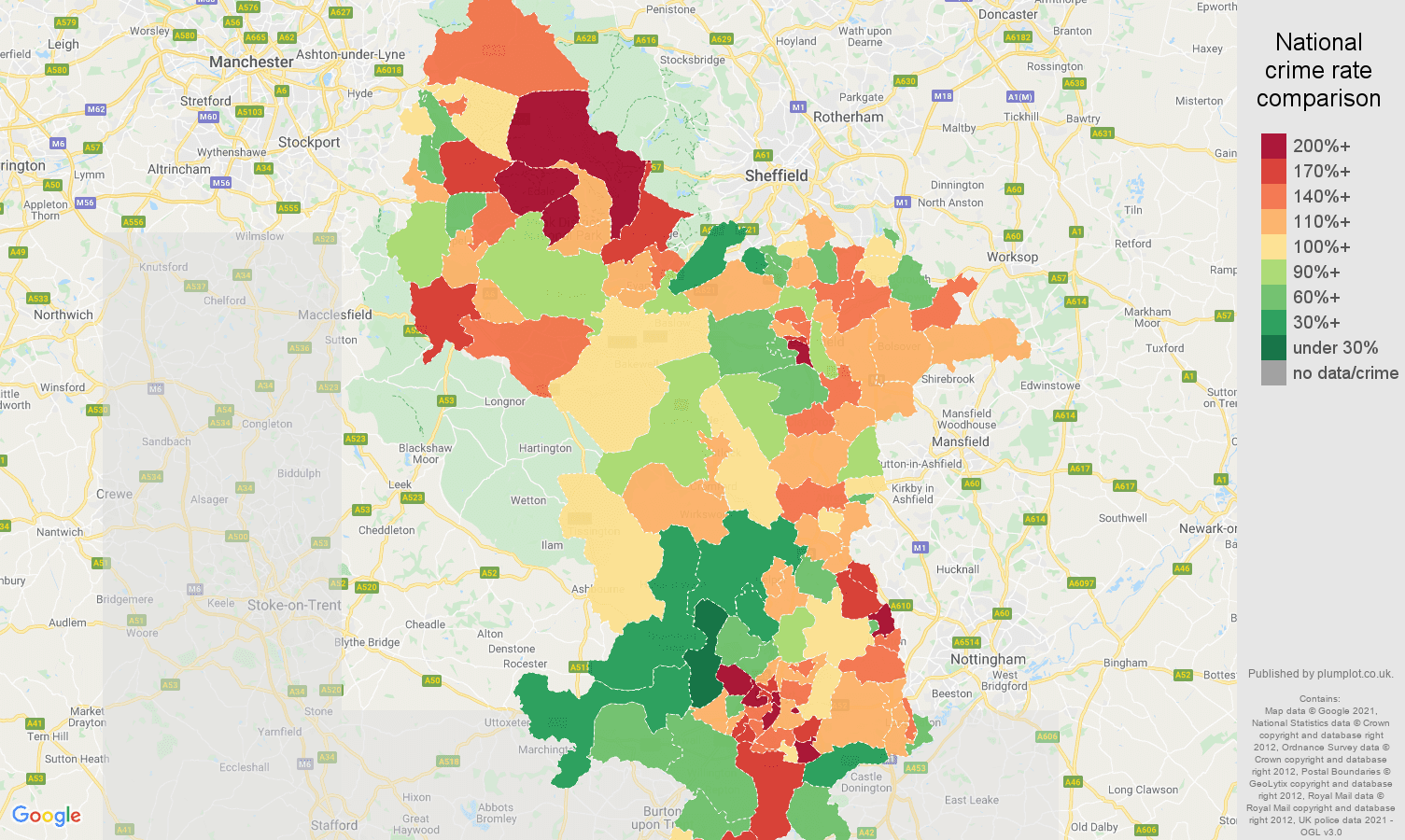 Derbyshire antisocial behaviour crime rate comparison map