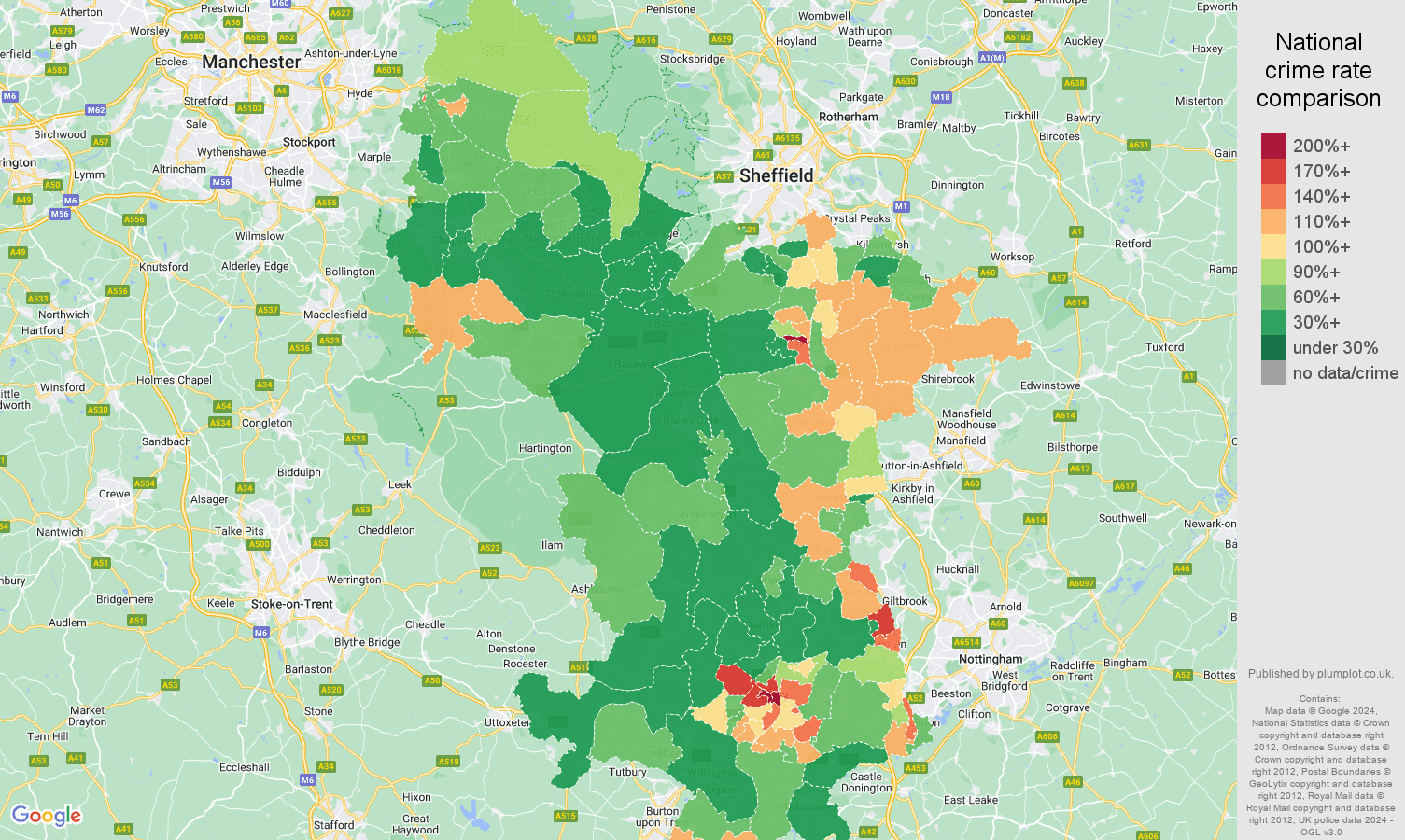 Derbyshire crime rate comparison map