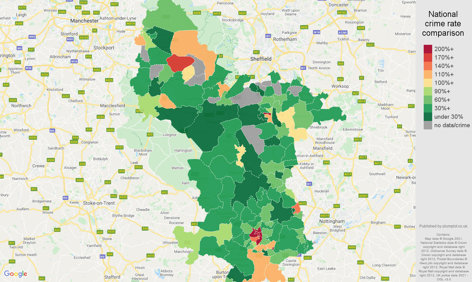 Derbyshire drugs crime rate comparison map
