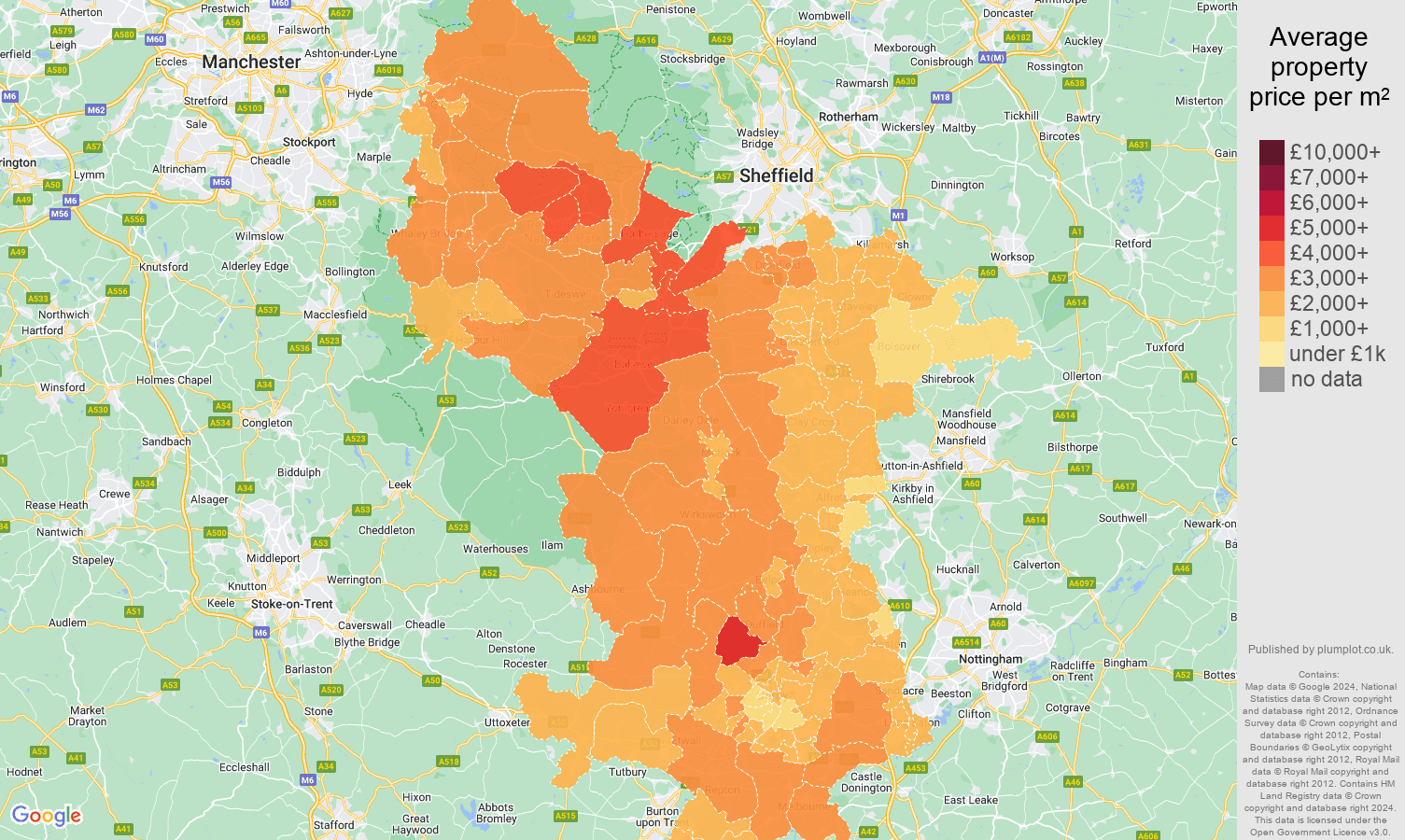 Derbyshire house prices per square metre map