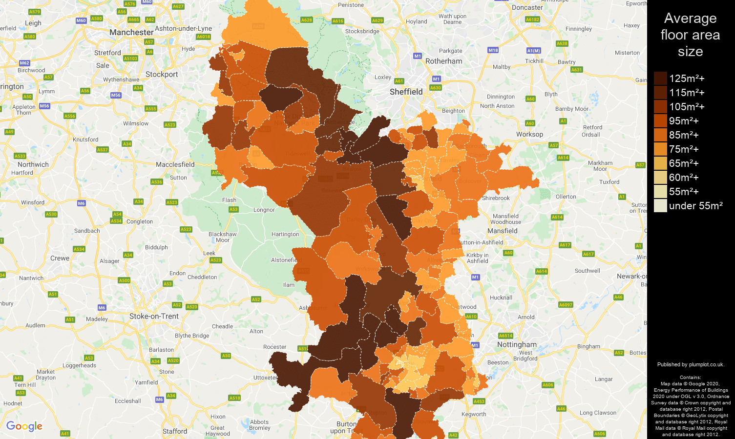 Derbyshire map of average floor area size of properties