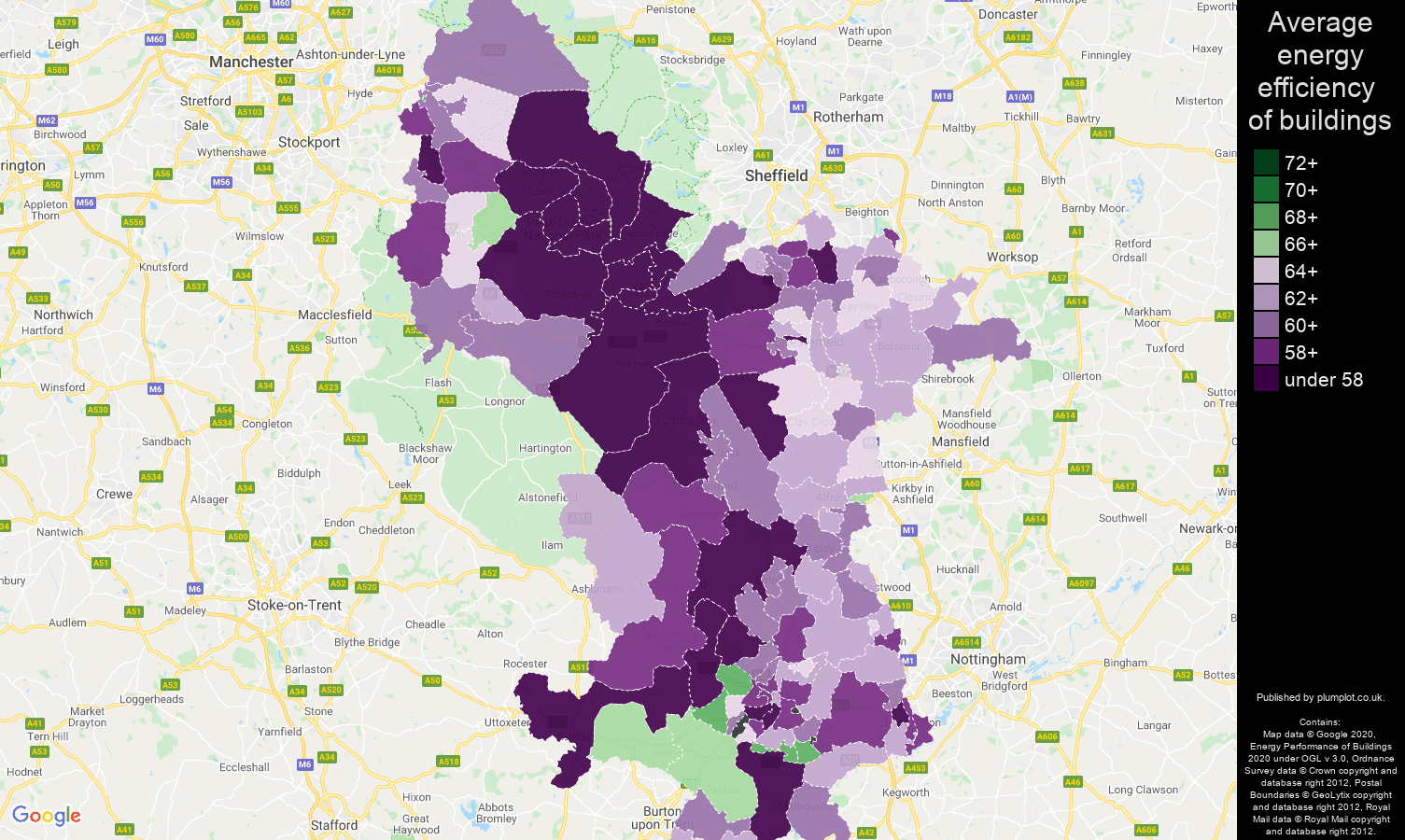 Derbyshire map of energy efficiency of houses