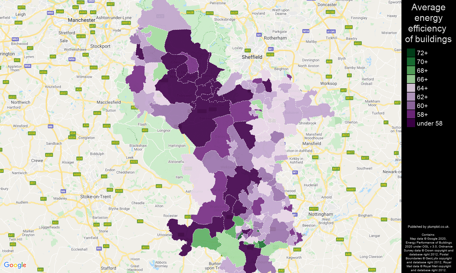 Derbyshire map of energy efficiency of properties