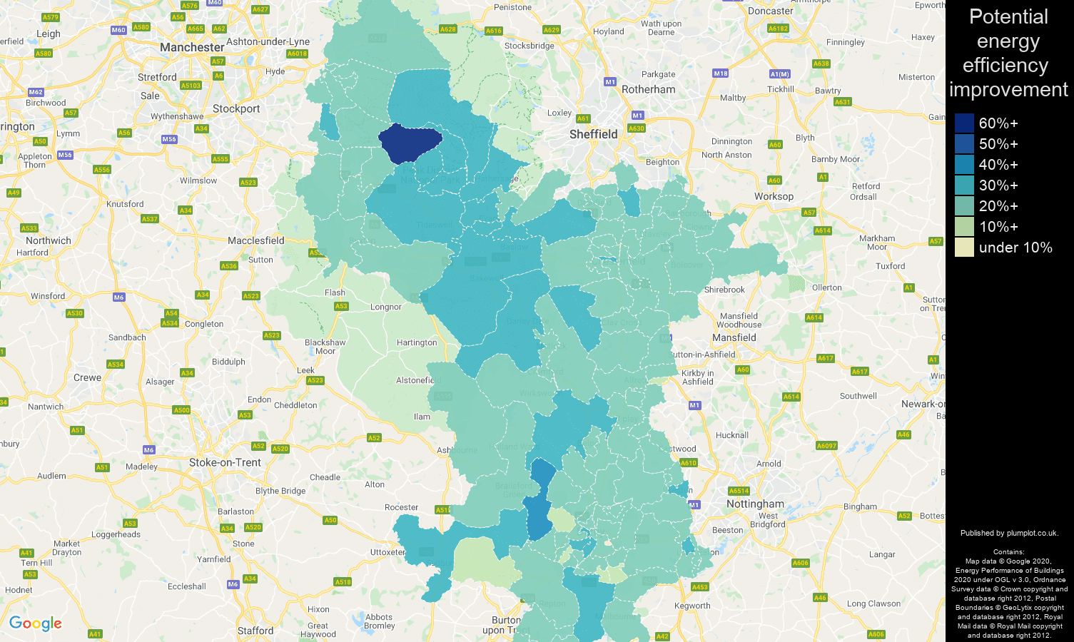 Derbyshire map of potential energy efficiency improvement of houses