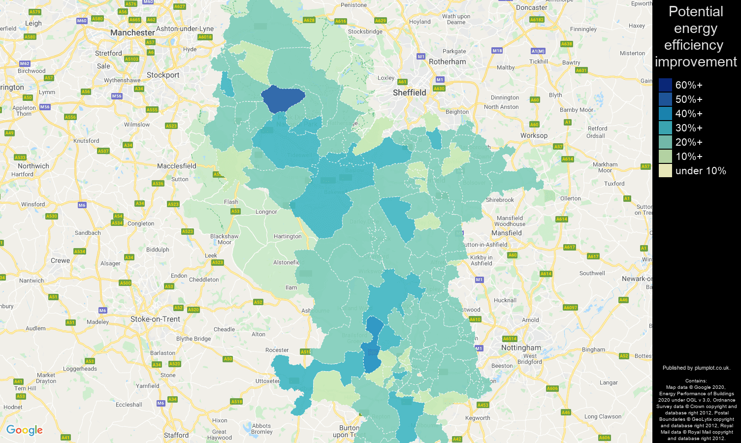 Derbyshire map of potential energy efficiency improvement of properties