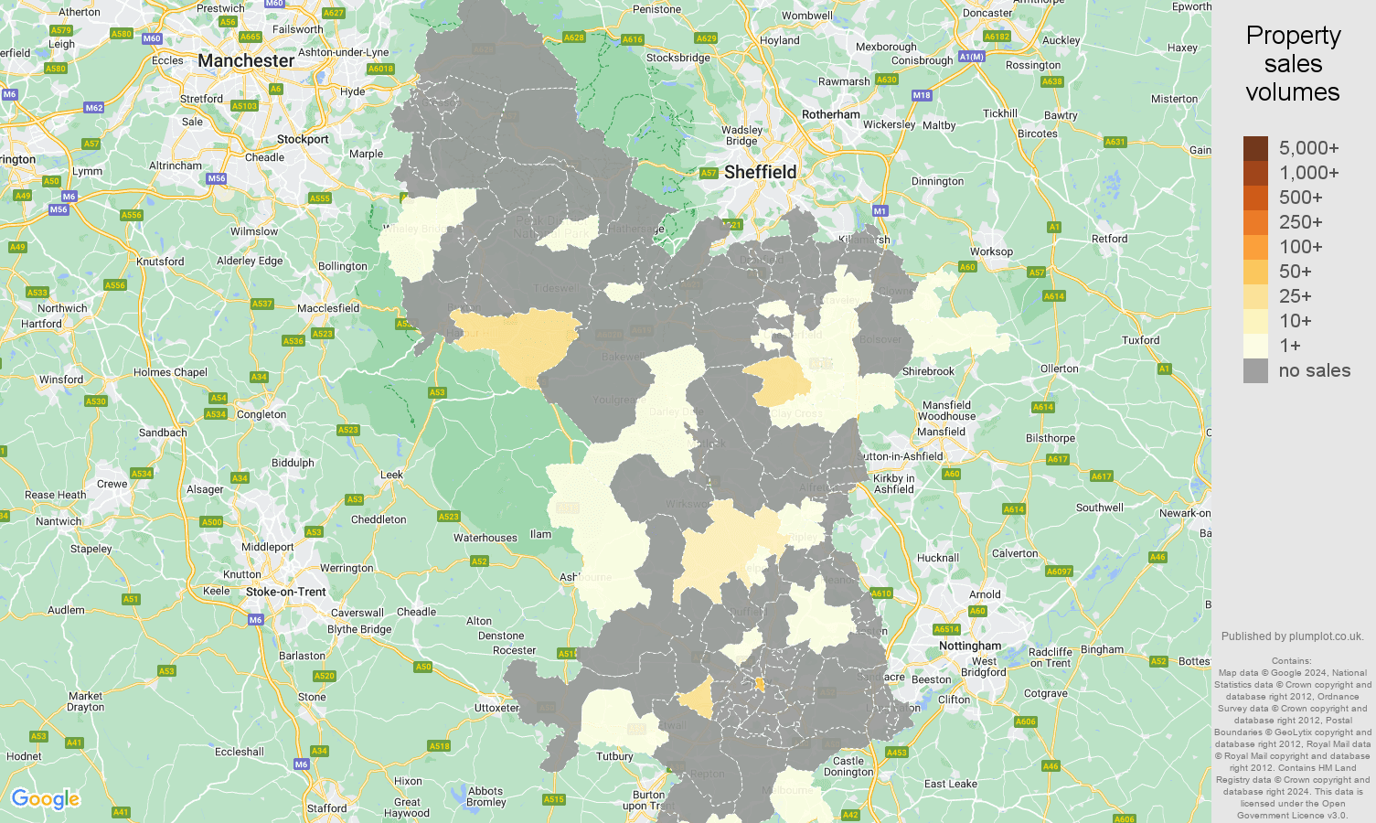 Derbyshire map of sales of new properties