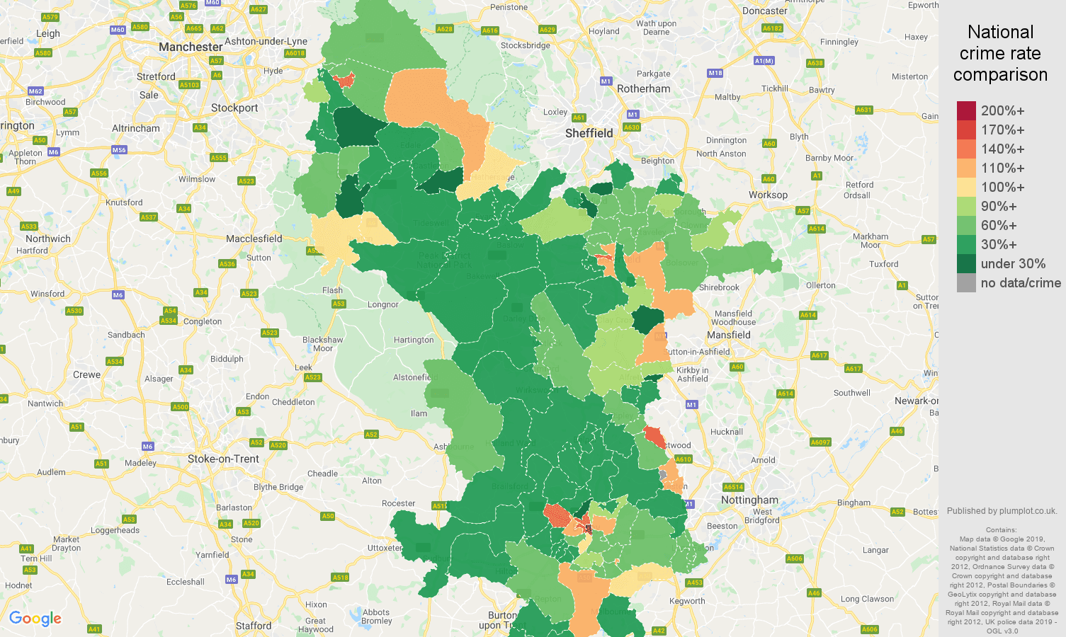 Derbyshire other theft crime rate comparison map