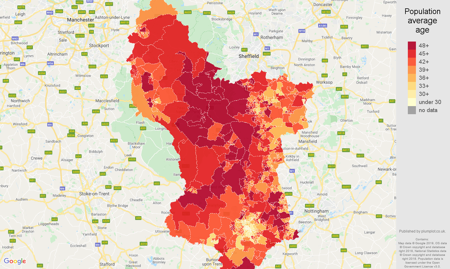 Derbyshire population average age map