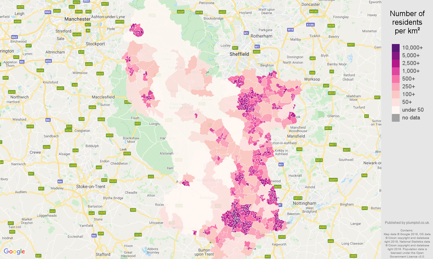 Derbyshire population density map