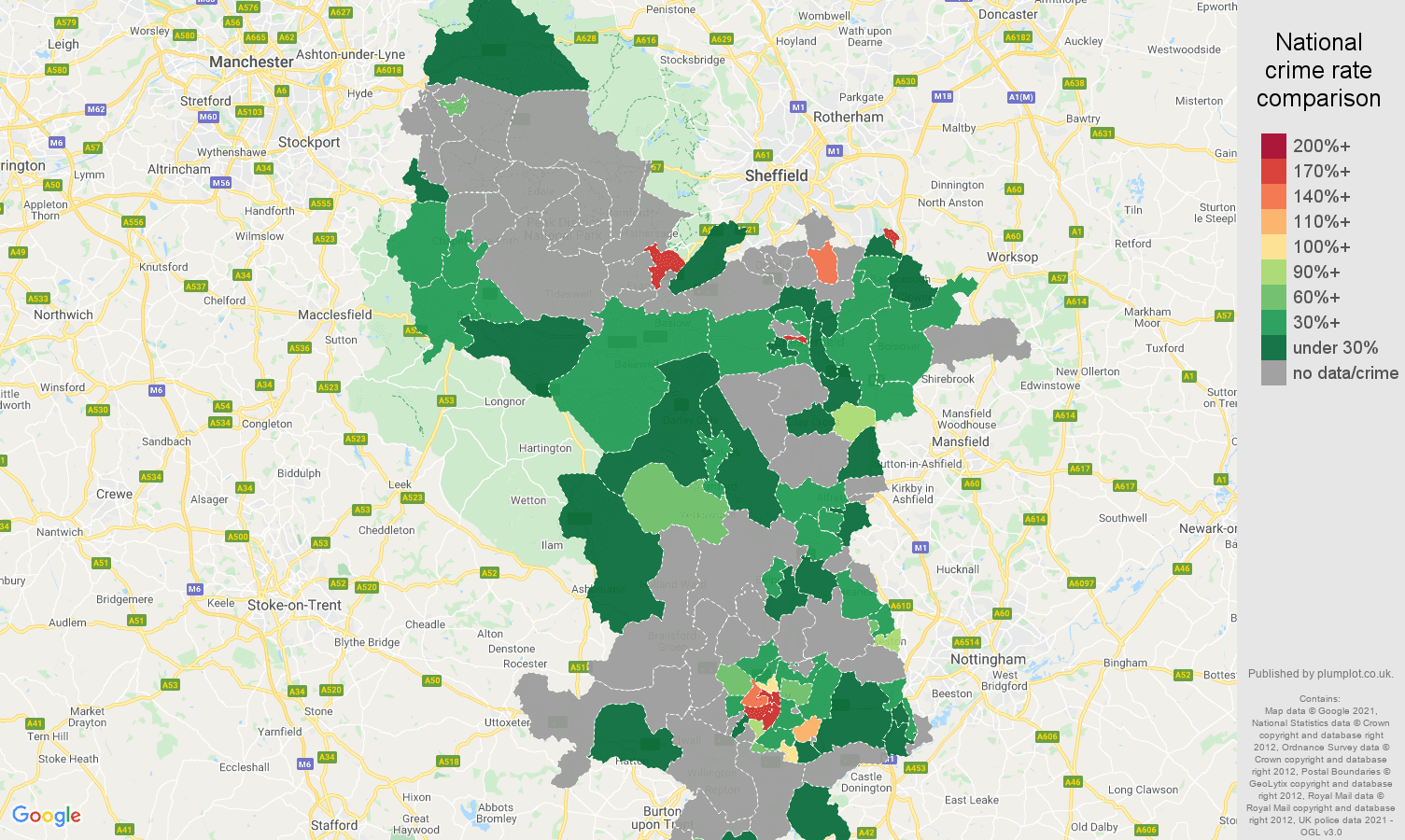 Derbyshire theft from the person crime rate comparison map