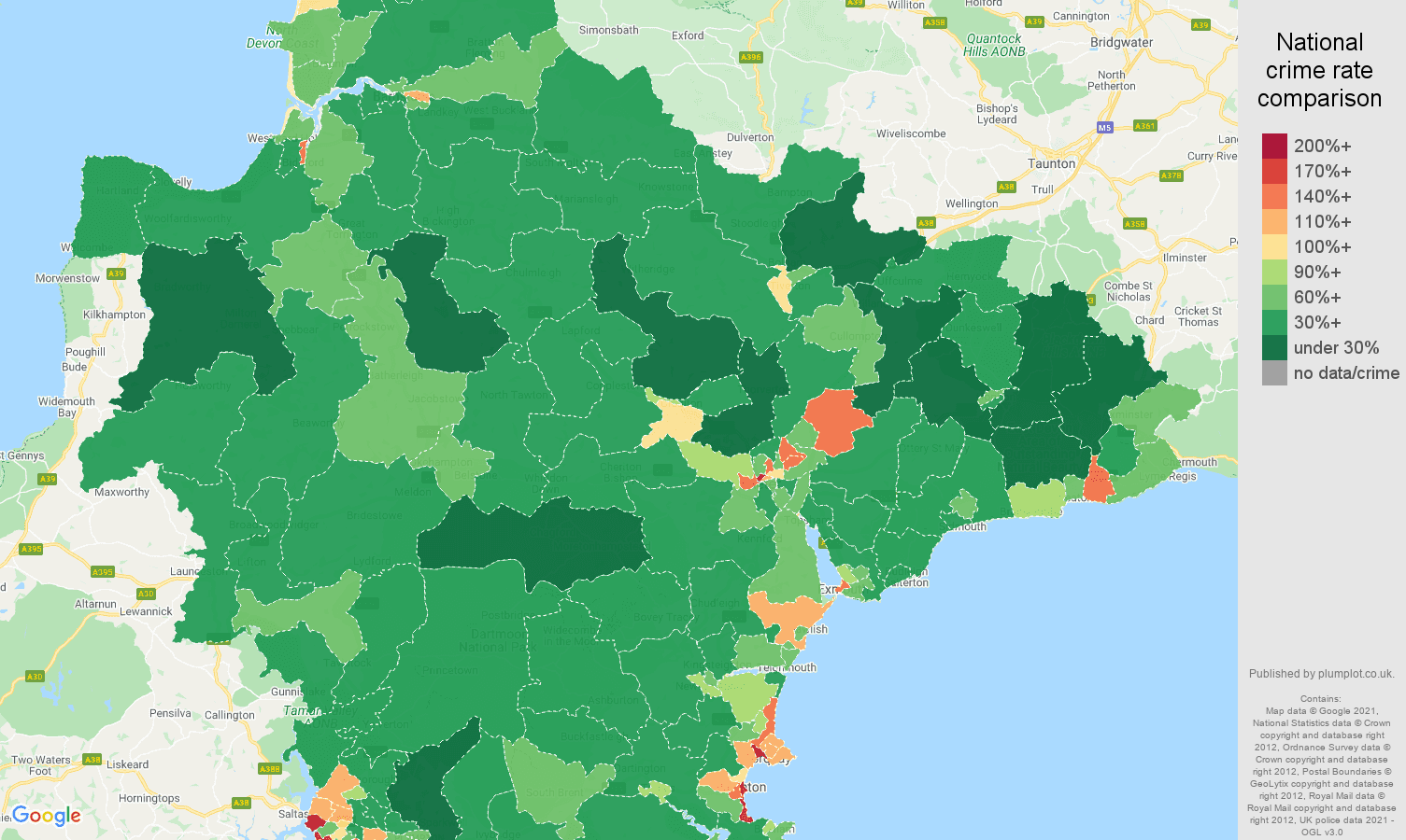 Devon antisocial behaviour crime rate comparison map