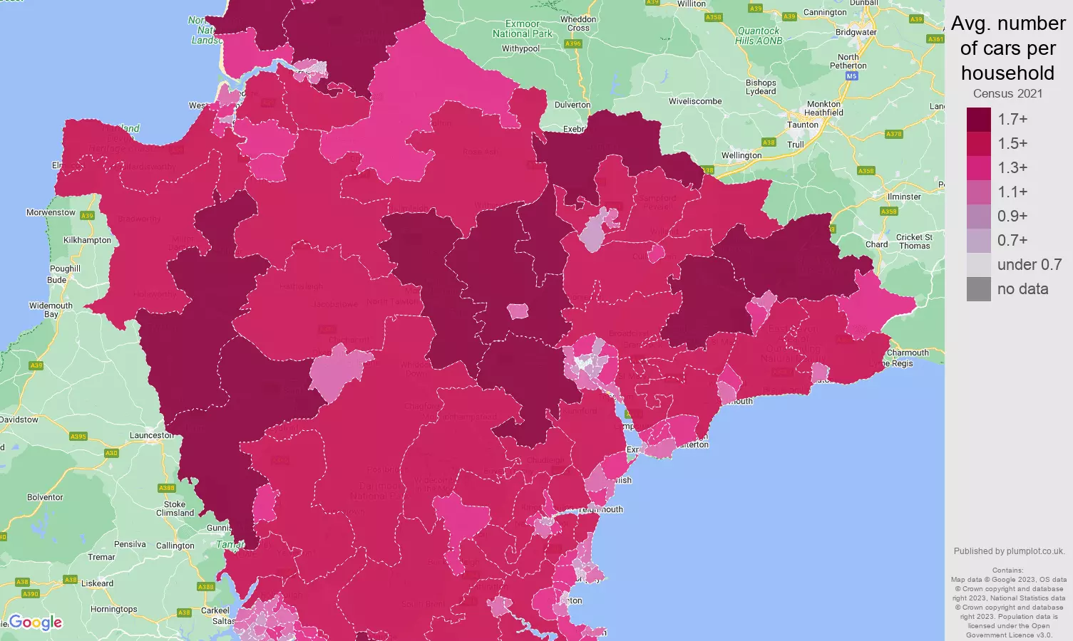 Devon cars per household map