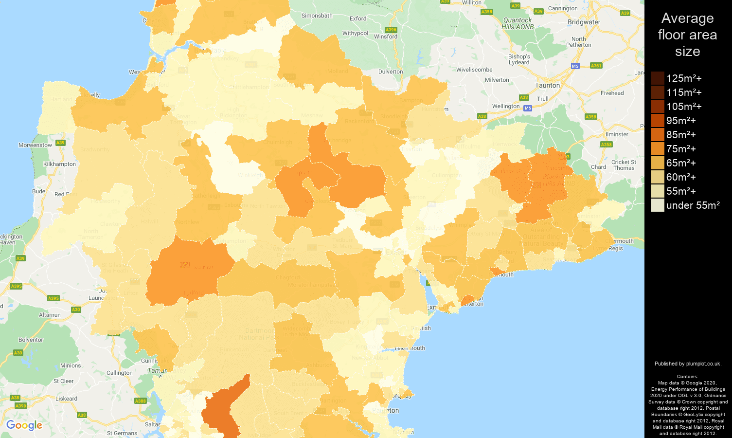 Devon map of average floor area size of flats