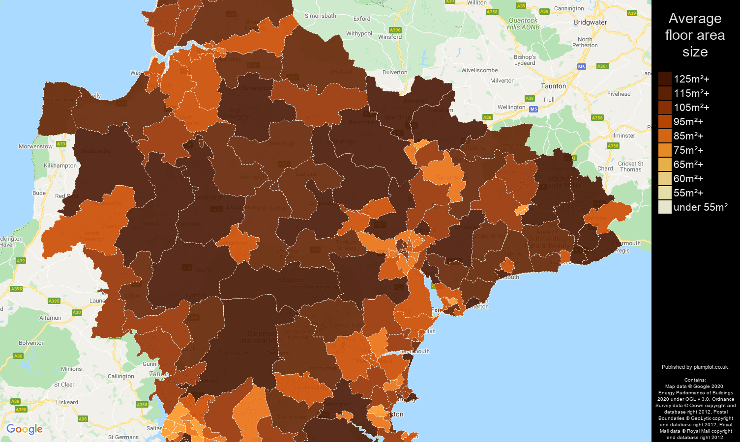 Devon map of average floor area size of houses