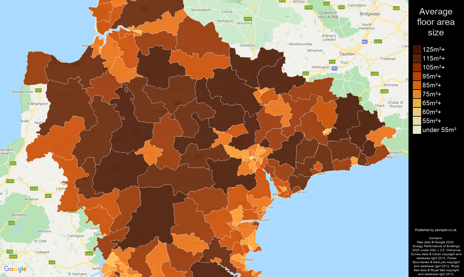 Devon map of average floor area size of properties