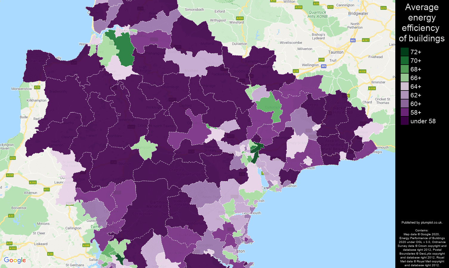 Devon map of energy efficiency of properties