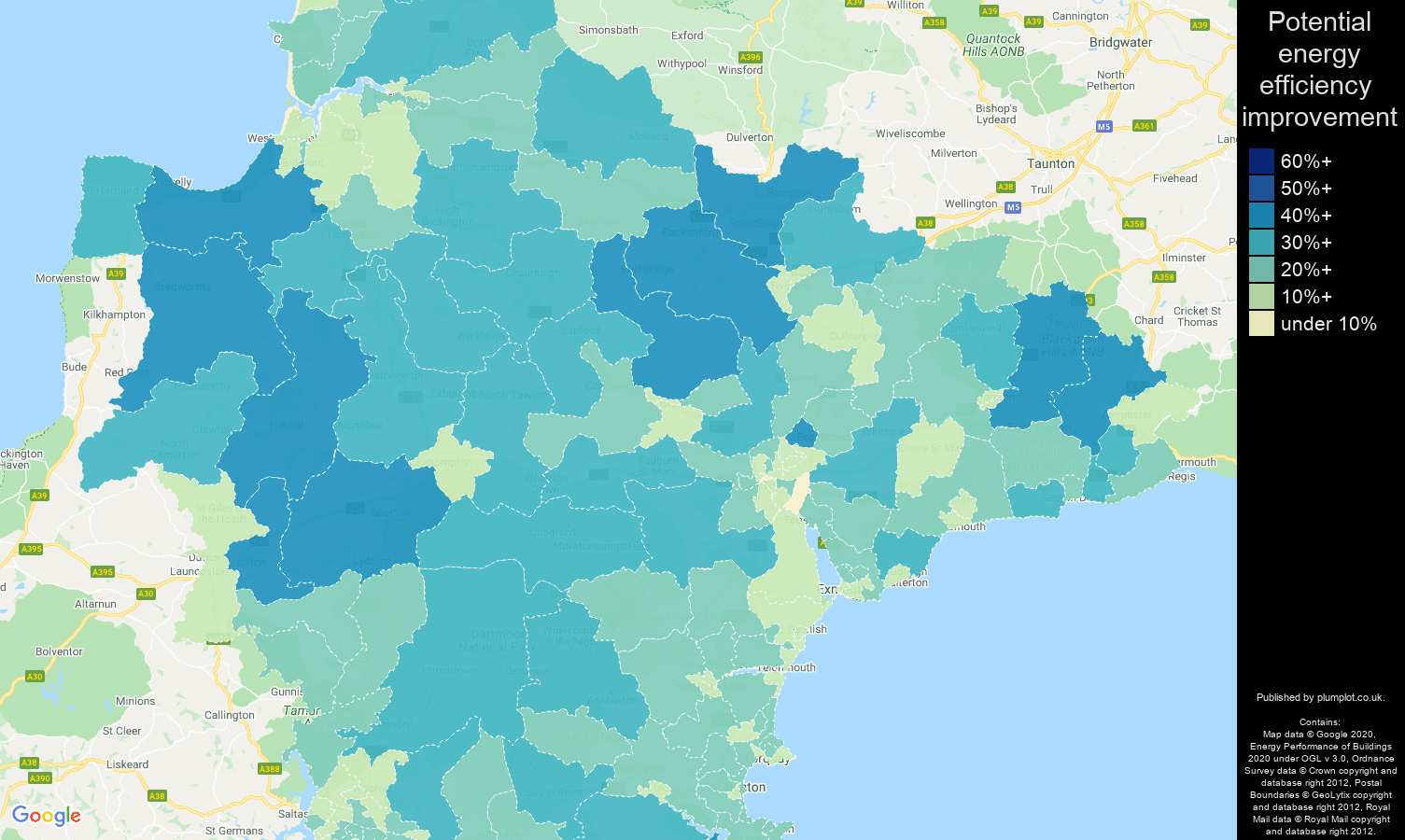 Devon map of potential energy efficiency improvement of properties