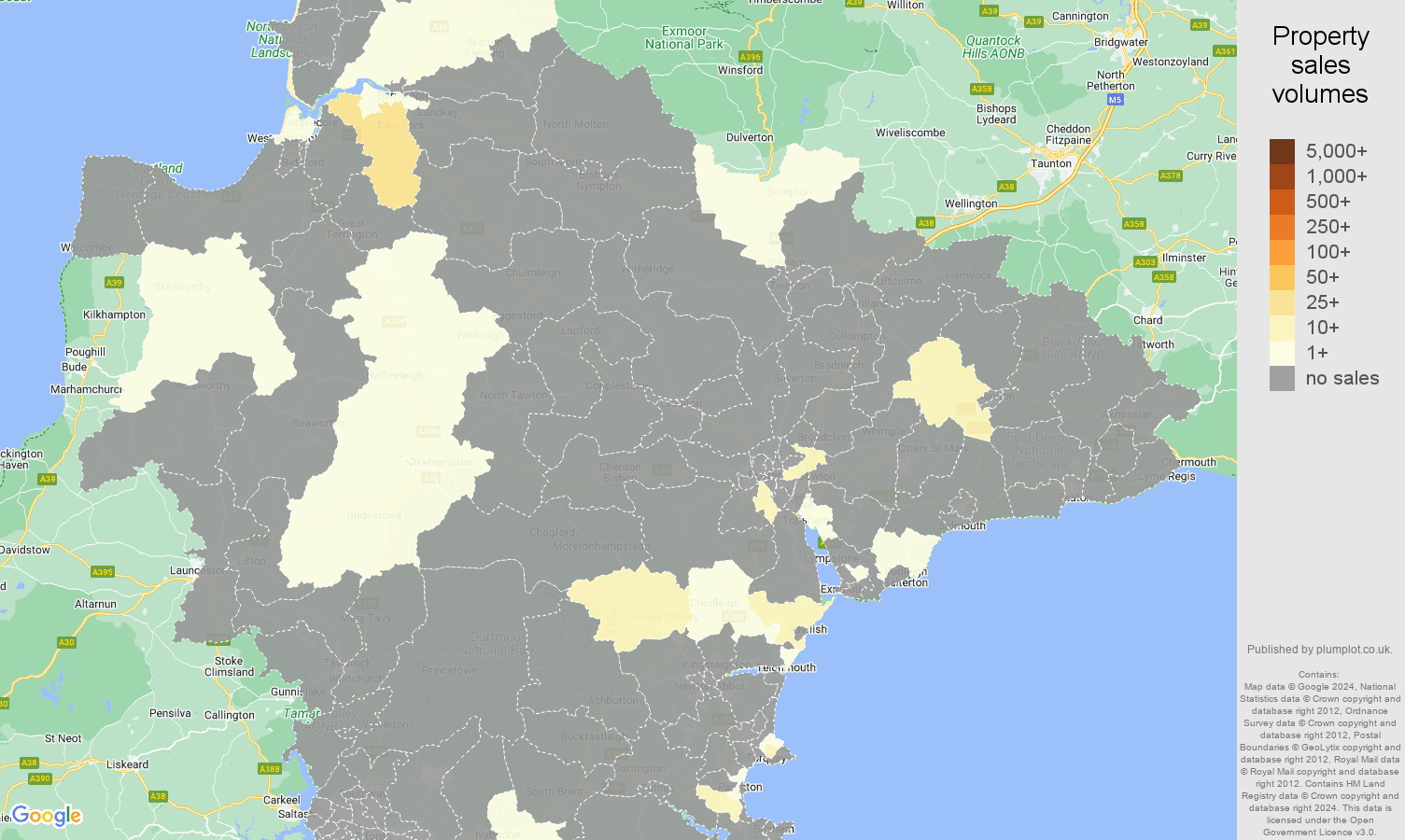 Devon map of sales of new properties