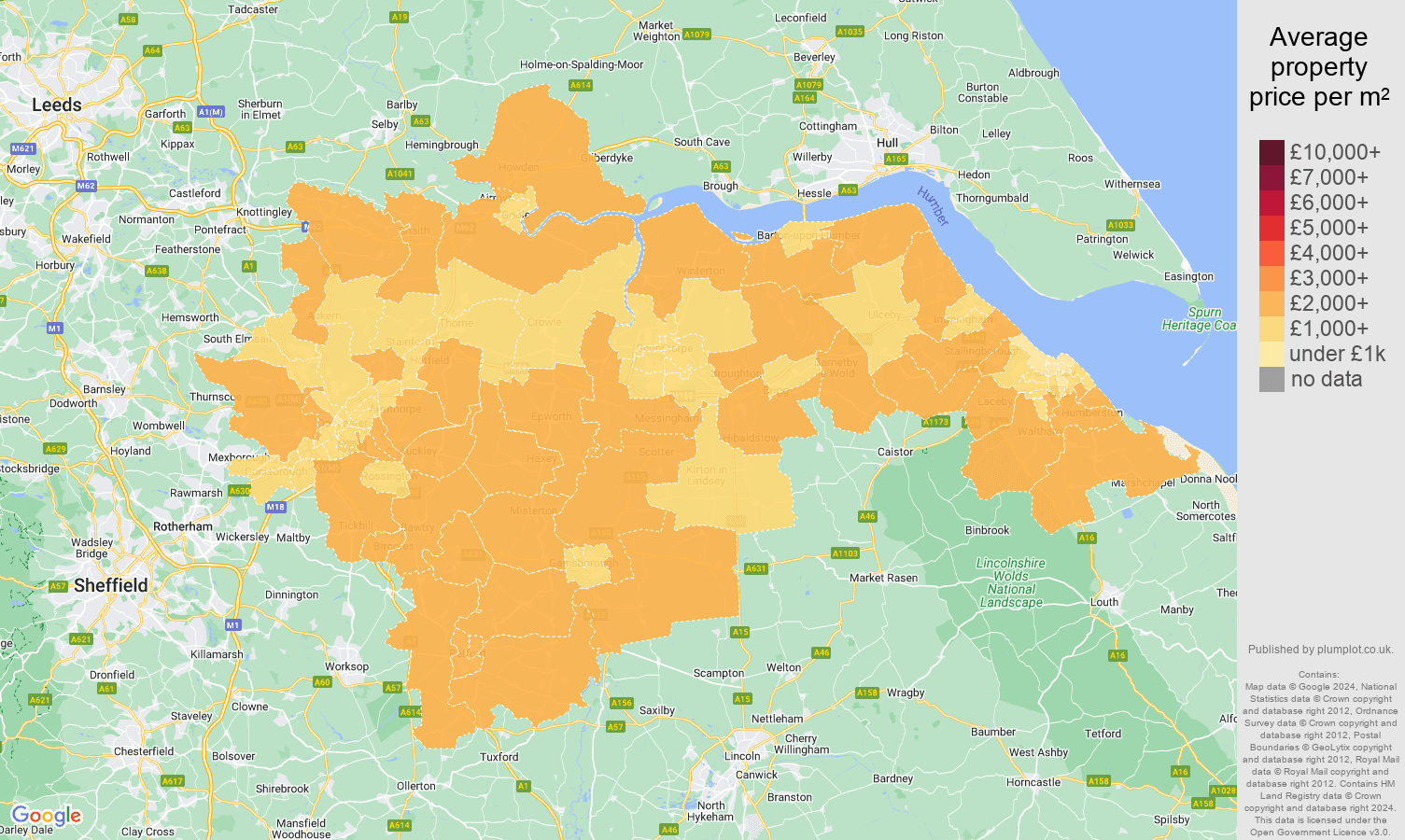 Doncaster house prices per square metre map