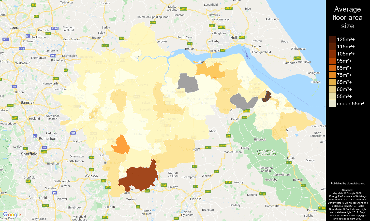 Doncaster map of average floor area size of flats