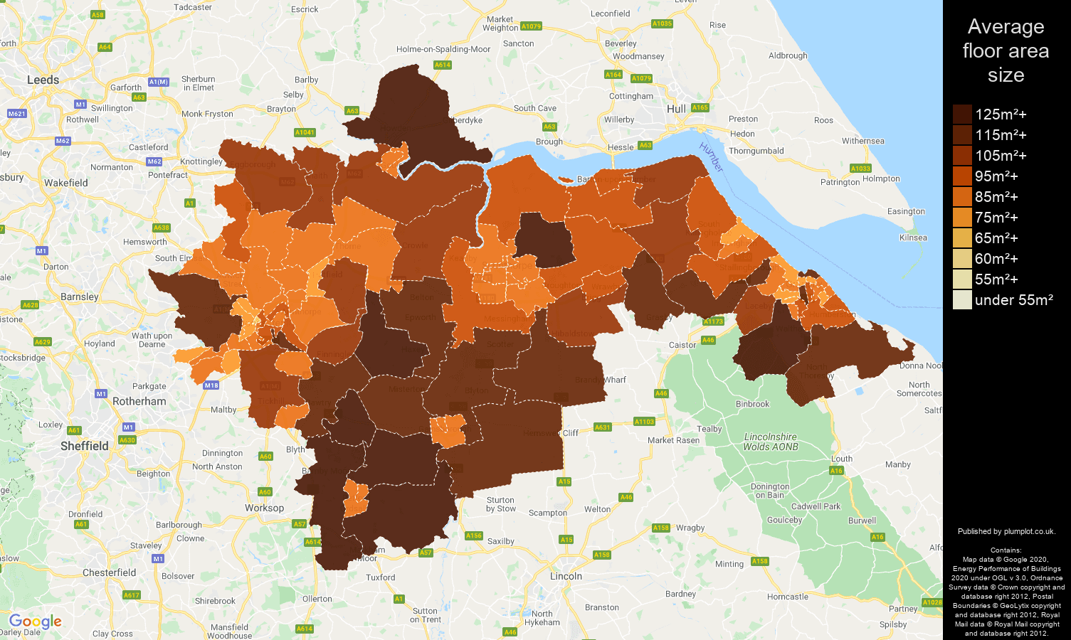Doncaster map of average floor area size of houses