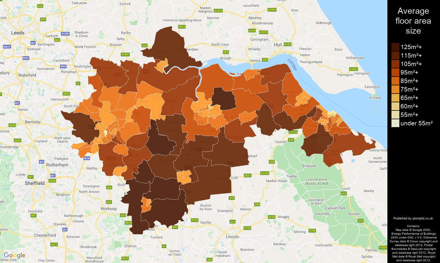 Doncaster map of average floor area size of properties