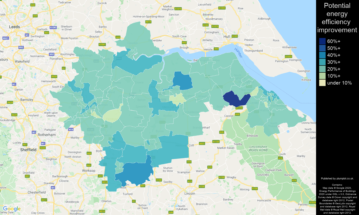 Doncaster map of potential energy efficiency improvement of houses