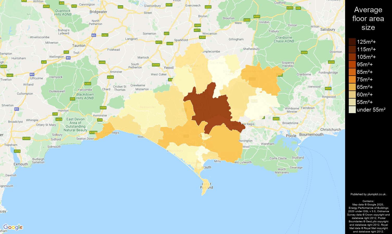 Dorchester map of average floor area size of flats