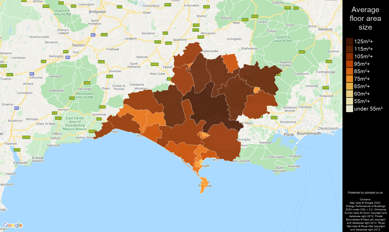 Dorchester map of average floor area size of properties