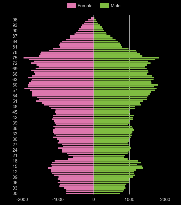 Dorchester population pyramid by year