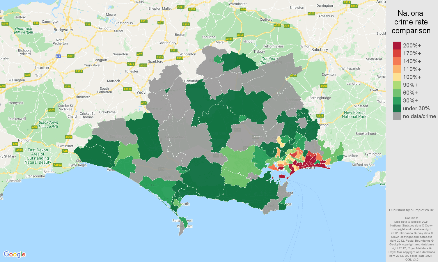 Dorset bicycle theft crime rate comparison map