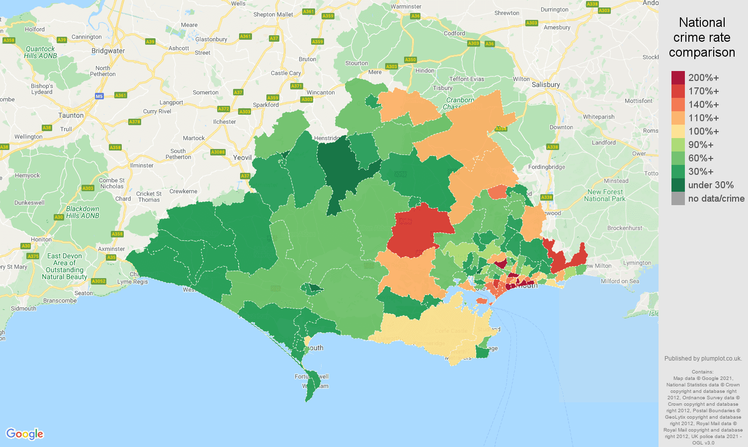Dorset burglary crime rate comparison map