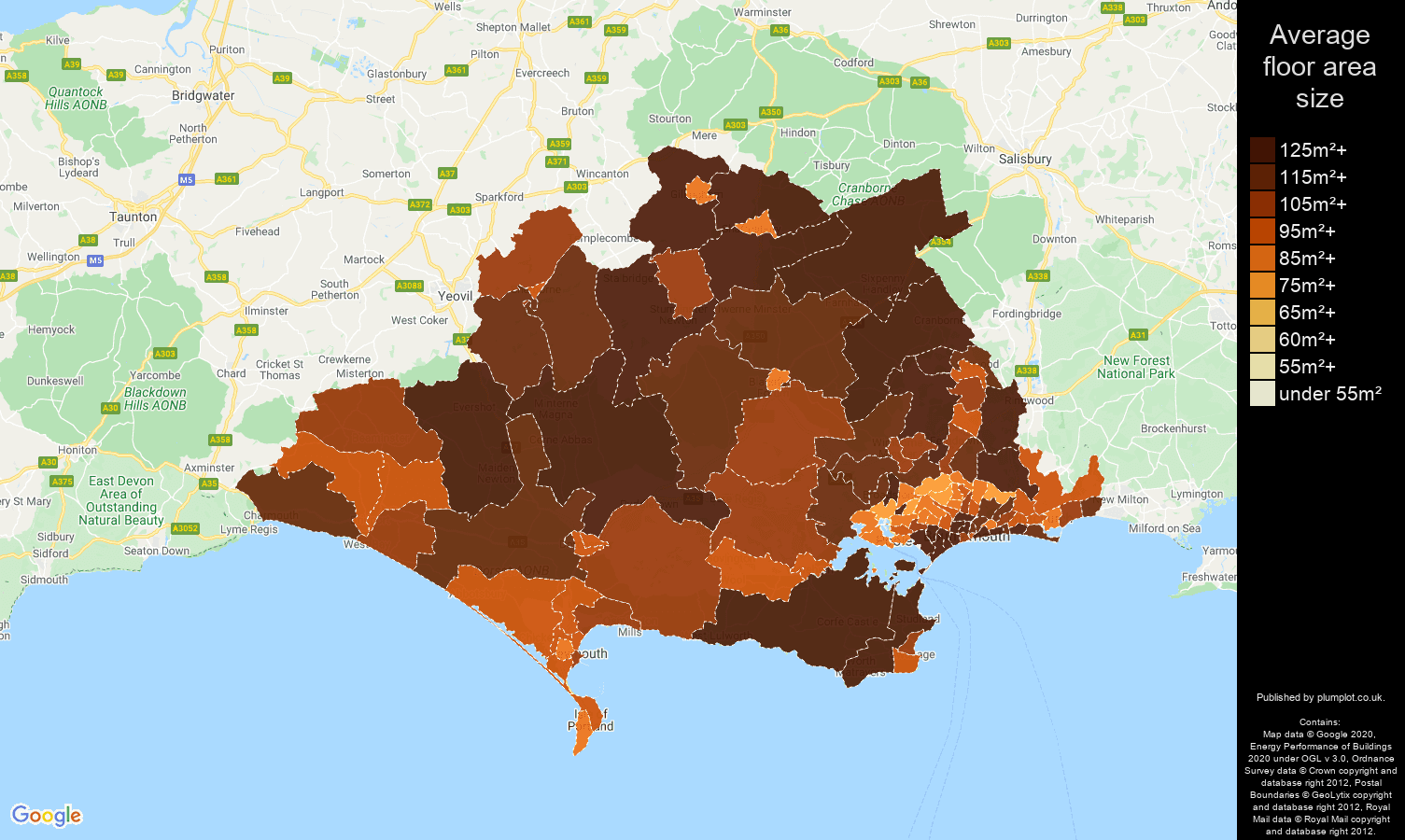 Dorset map of average floor area size of houses