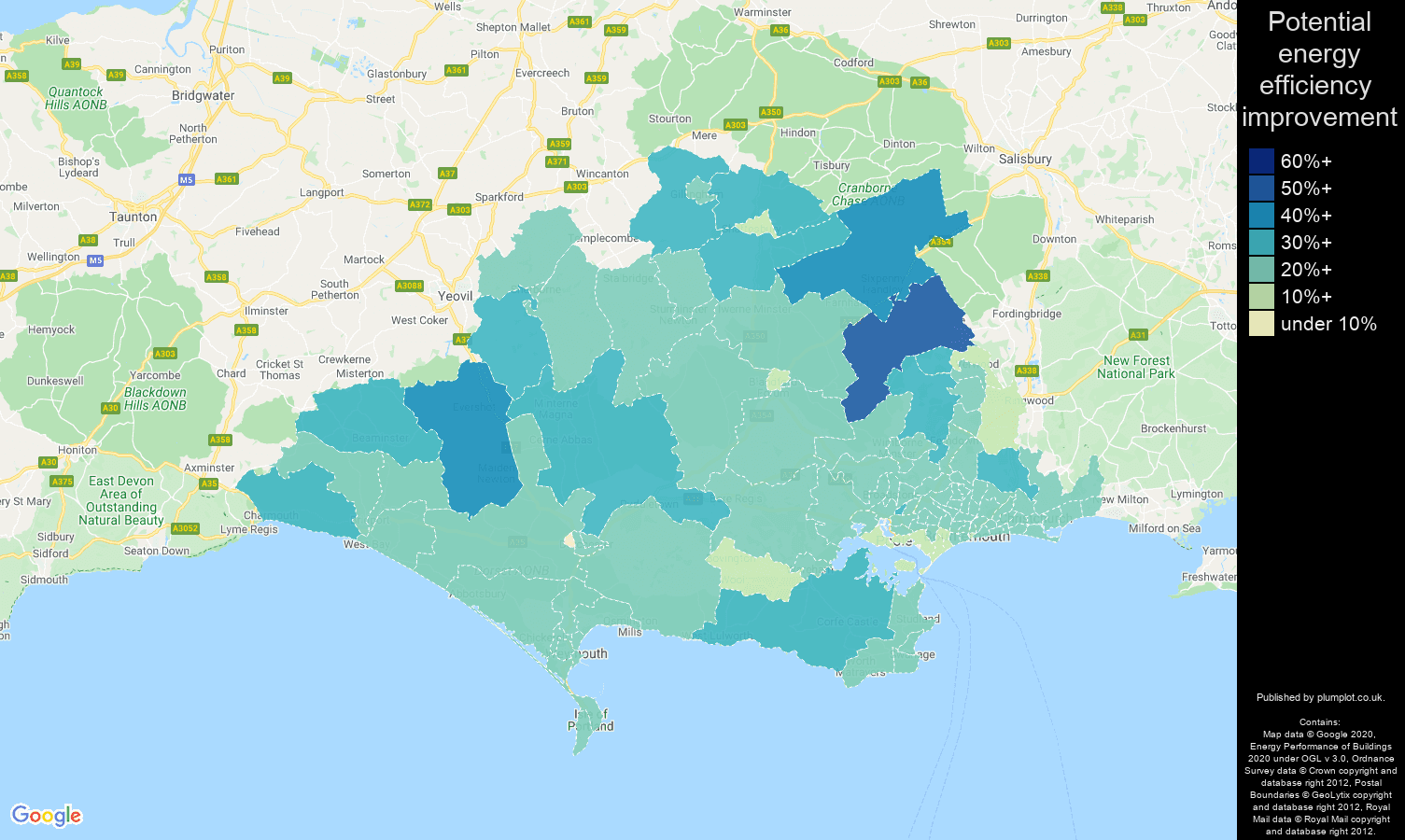 Dorset map of potential energy efficiency improvement of houses