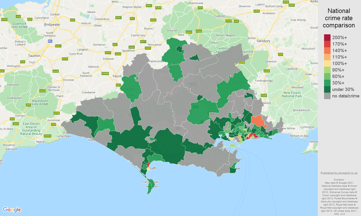Dorset theft from the person crime rate comparison map